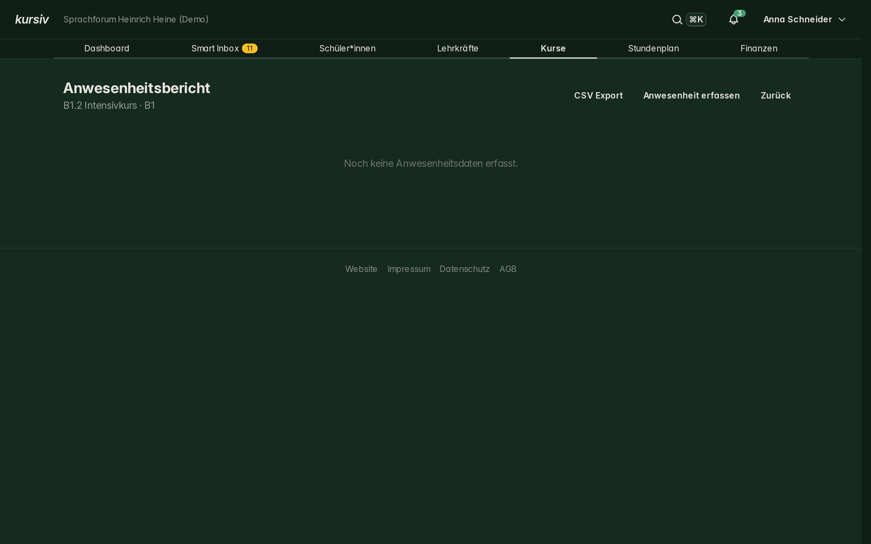 kursiv Anwesenheitsbericht: Quote je Schüler*in über den Kurs — als CSV exportierbar für Nachweise.